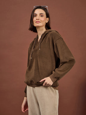 Brown Polar Fleece Side Pocket Oversize Hoodie-SASSAFRAS