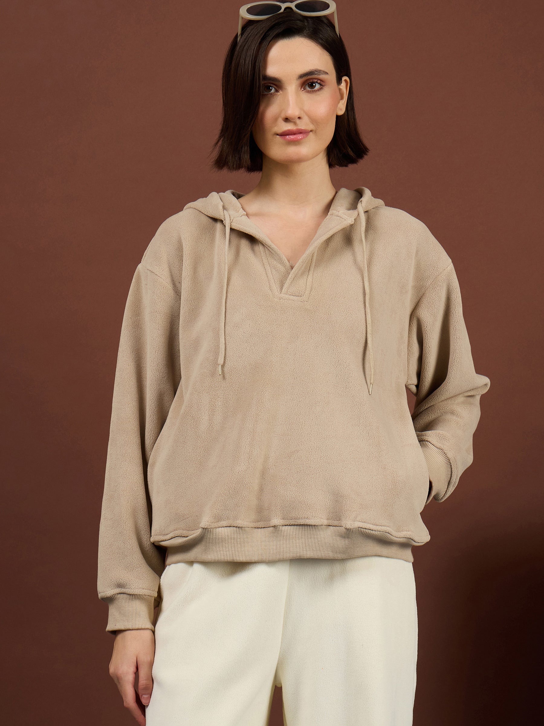 Light Beige Polar Fleece Side Pockets Oversize Hoodie-SASSAFRAS