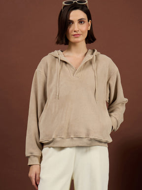 Light Beige Polar Fleece Side Pockets Oversize Hoodie-SASSAFRAS
