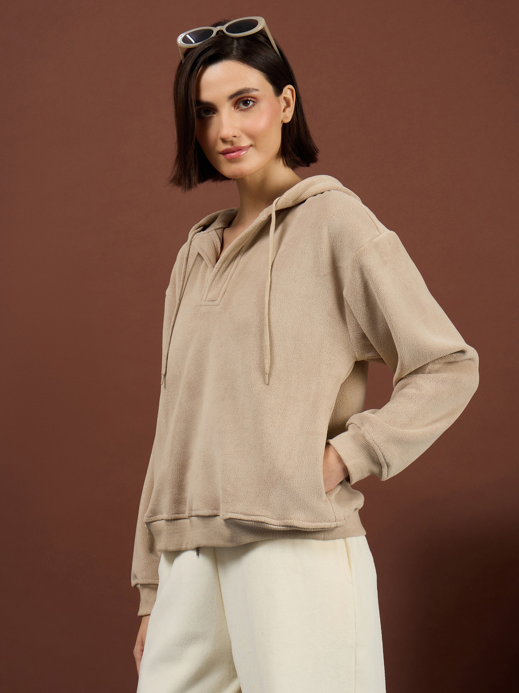 Light Beige Polar Fleece Side Pockets Oversize Hoodie-SASSAFRAS