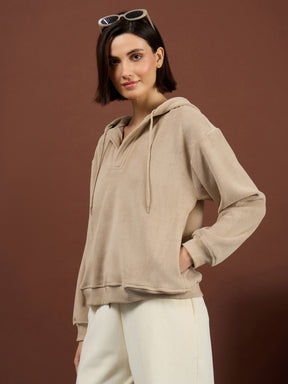 Light Beige Polar Fleece Side Pockets Oversize Hoodie-SASSAFRAS