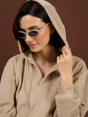 Light Beige Polar Fleece Side Pockets Oversize Hoodie-SASSAFRAS