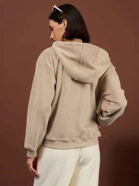 Light Beige Polar Fleece Side Pockets Oversize Hoodie-SASSAFRAS