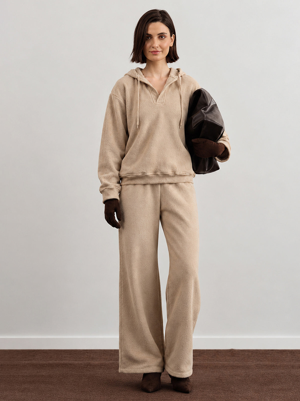 Light Beige Polar Fleece Side Pockets Oversize Hoodie With Track Pants-SASSAFRAS