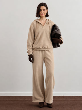Light Beige Polar Fleece Side Pockets Oversize Hoodie With Track Pants-SASSAFRAS