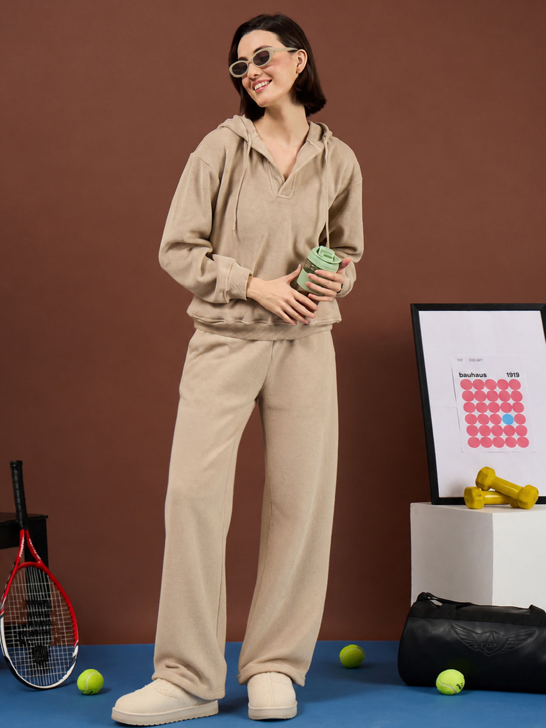 Light Beige Polar Fleece Side Pockets Oversize Hoodie With Track Pants-SASSAFRAS