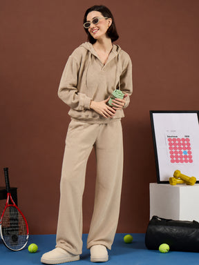 Light Beige Polar Fleece Side Pockets Oversize Hoodie With Track Pants-SASSAFRAS