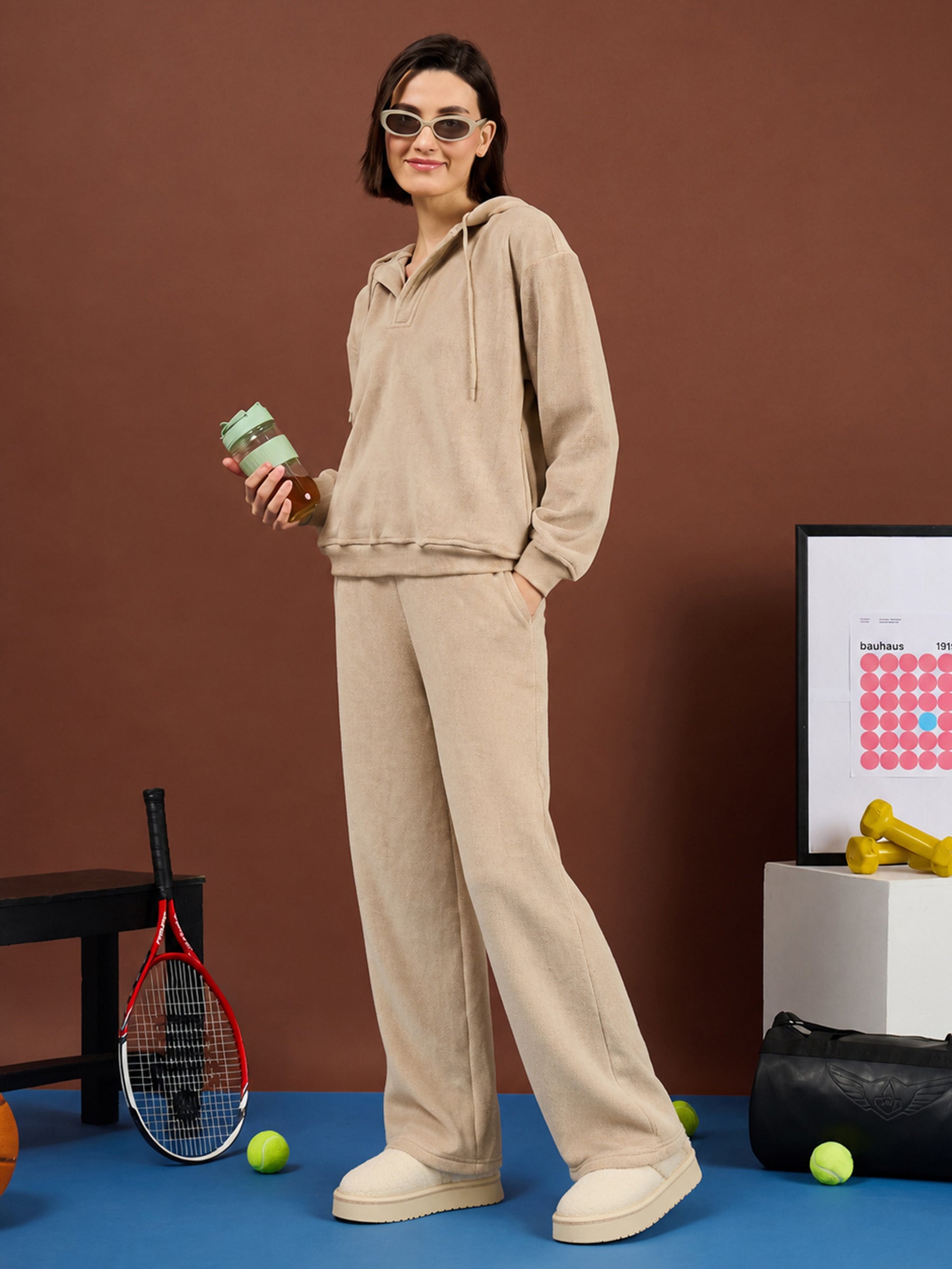 Light Beige Polar Fleece Side Pockets Oversize Hoodie With Track Pants-SASSAFRAS
