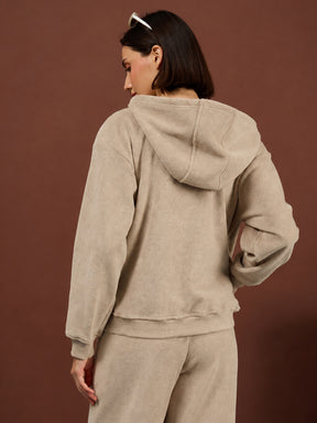 Light Beige Polar Fleece Side Pockets Oversize Hoodie With Track Pants-SASSAFRAS