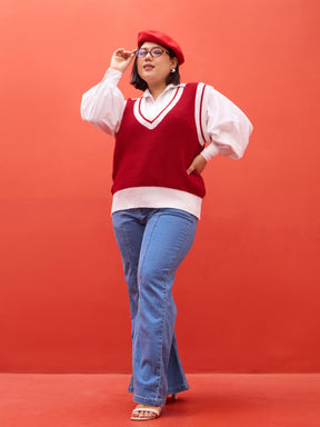 Curve Red & White Border V-Neck Sweater Vest-SASSAFRAS Curve