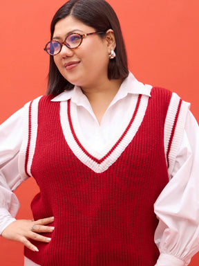 Curve Red & White Border V-Neck Sweater Vest-SASSAFRAS Curve