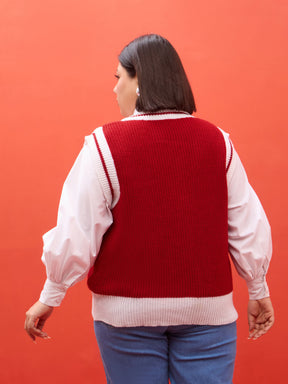 Curve Red & White Border V-Neck Sweater Vest-SASSAFRAS Curve