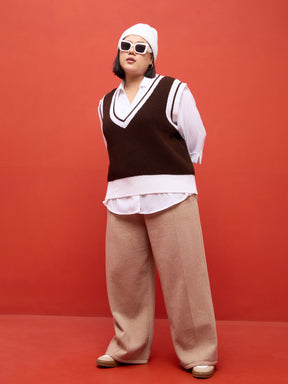 Curve Brown & White Border V-Neck Sweater Vest-SASSAFRAS Curve