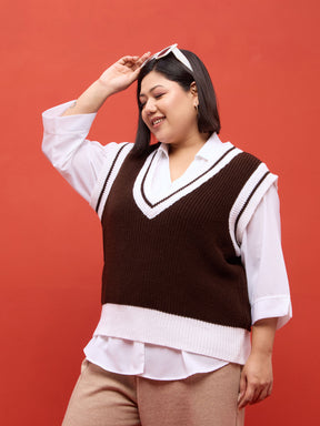 Curve Brown & White Border V-Neck Sweater Vest-SASSAFRAS Curve