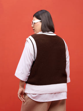 Curve Brown & White Border V-Neck Sweater Vest-SASSAFRAS Curve