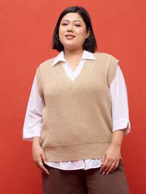 Curve Beige Solid V-Neck Sweater Vest-SASSAFRAS Curve