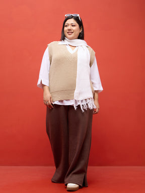 Curve Beige Solid V-Neck Sweater Vest-SASSAFRAS Curve