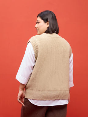 Curve Beige Solid V-Neck Sweater Vest-SASSAFRAS Curve