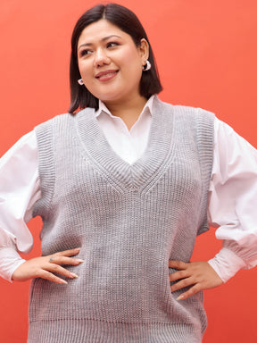 Curve Grey Solid V-Neck Sweater Vest-SASSAFRAS Curve