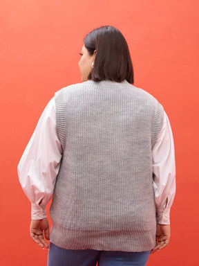 Curve Grey Solid V-Neck Sweater Vest-SASSAFRAS Curve