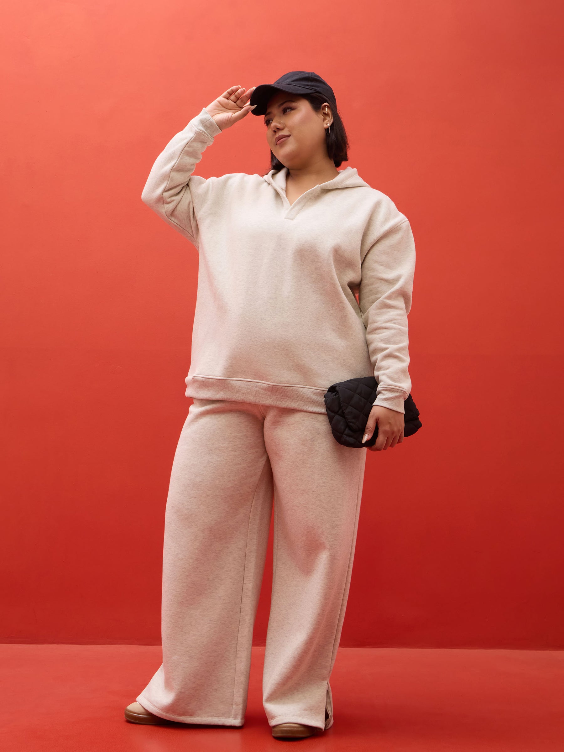 Off White Melange Fleece Hoodie -SASSAFRAS Curve