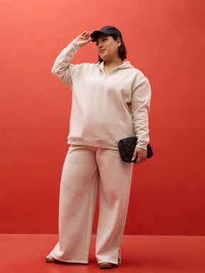 Off White Melange Fleece Hoodie -SASSAFRAS Curve