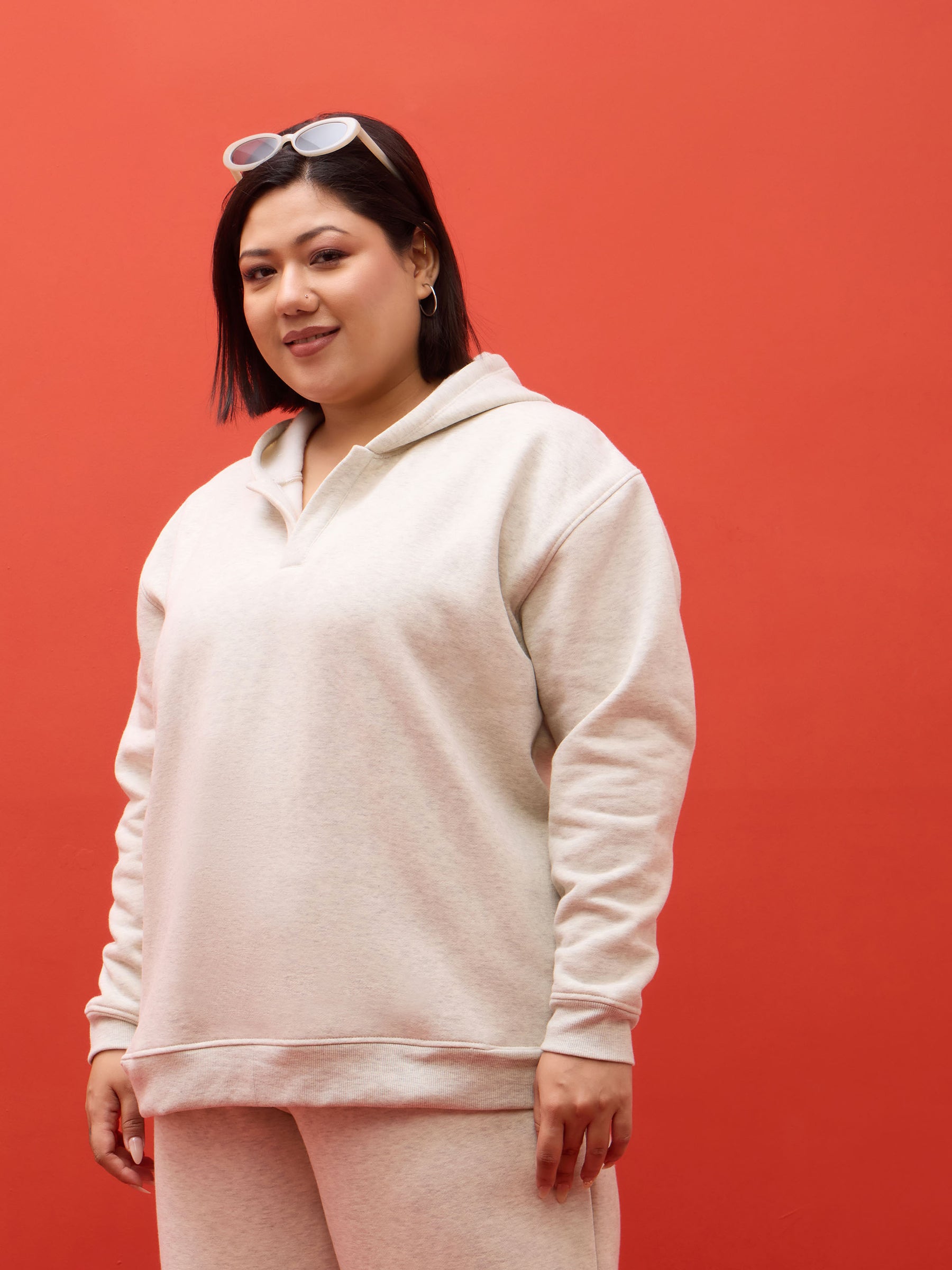 Off White Melange Fleece Hoodie -SASSAFRAS Curve
