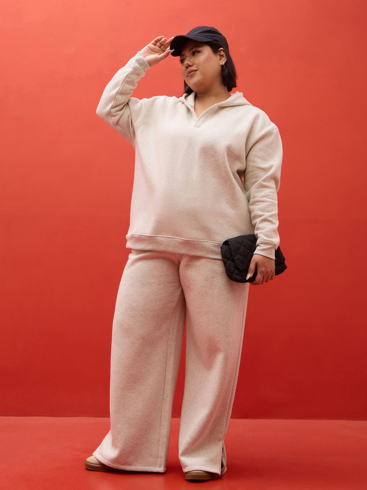 Off White Melange Fleece Hoodie With Track Pants-SASSAFRAS Curve