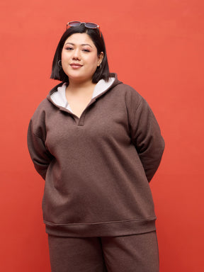 Brown Melange Fleece Hoodie-SASSAFRAS Curve
