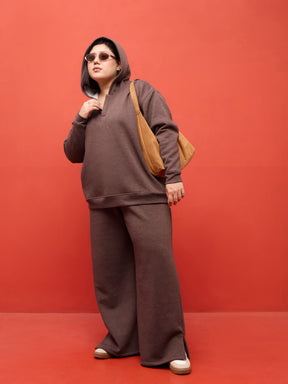 Brown Melange Fleece Hoodie-SASSAFRAS Curve