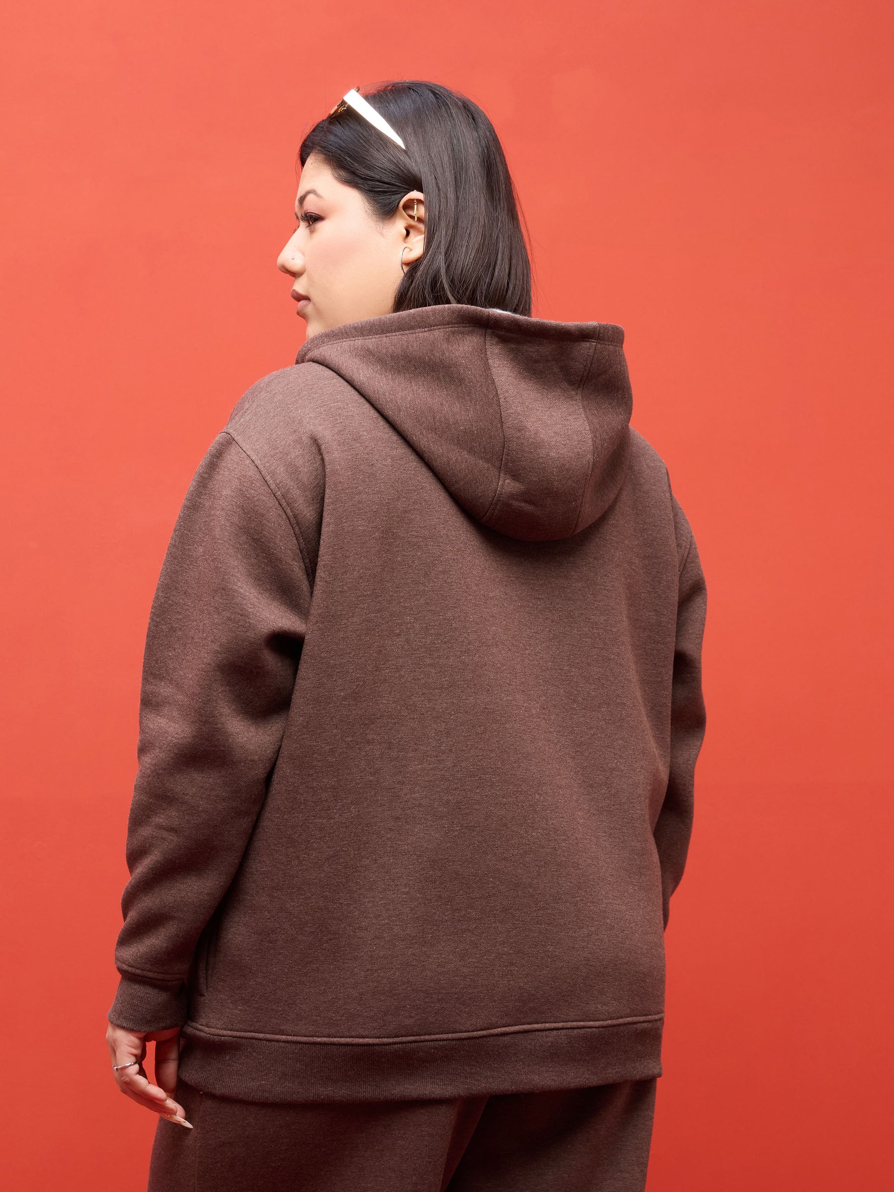 Brown Melange Fleece Hoodie-SASSAFRAS Curve