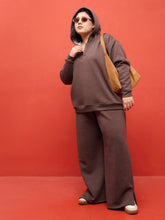 Brown Melange Fleece Hoodie With Track Pants-SASSAFRAS Curve