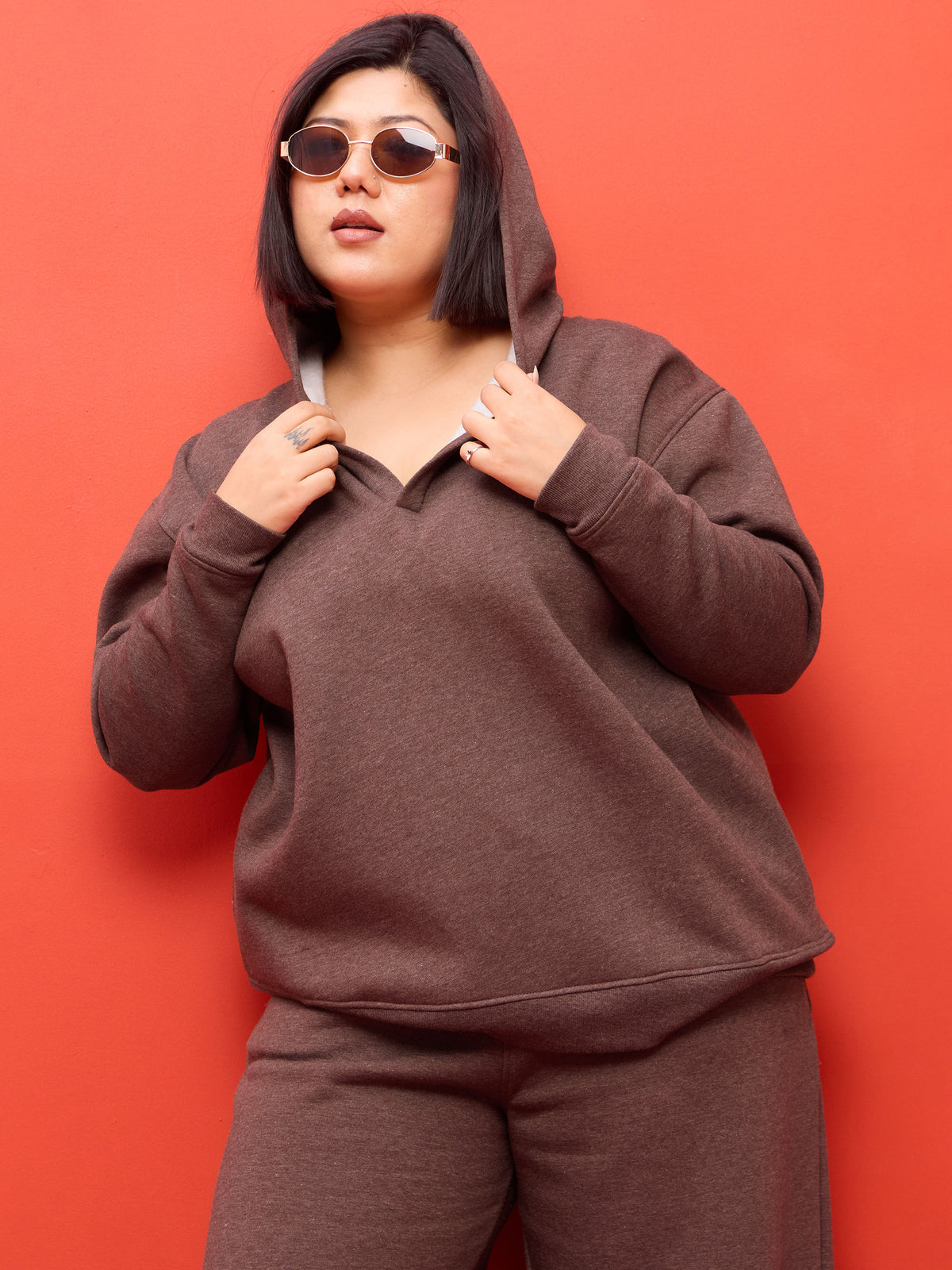Brown Melange Fleece Hoodie With Track Pants-SASSAFRAS Curve