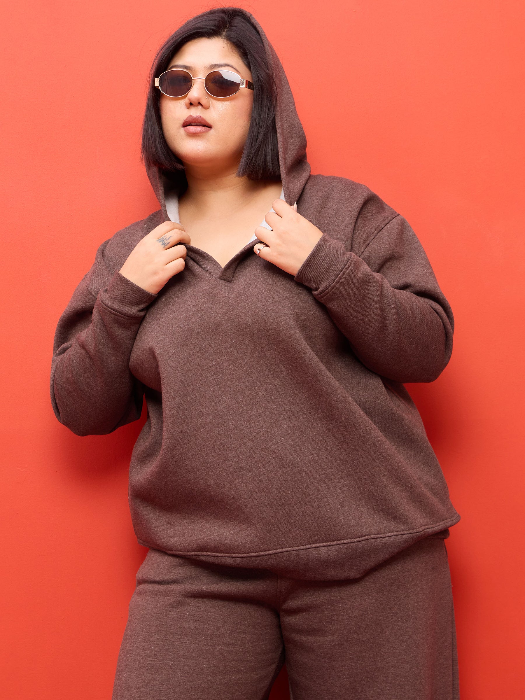 Brown Melange Fleece Hoodie With Track Pants-SASSAFRAS Curve