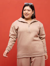Beige Melange Fleece Half Zipper Sweatshirt-SASSAFRAS Curve