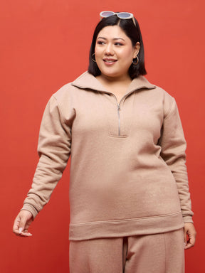 Beige Melange Fleece Half Zipper Sweatshirt-SASSAFRAS Curve