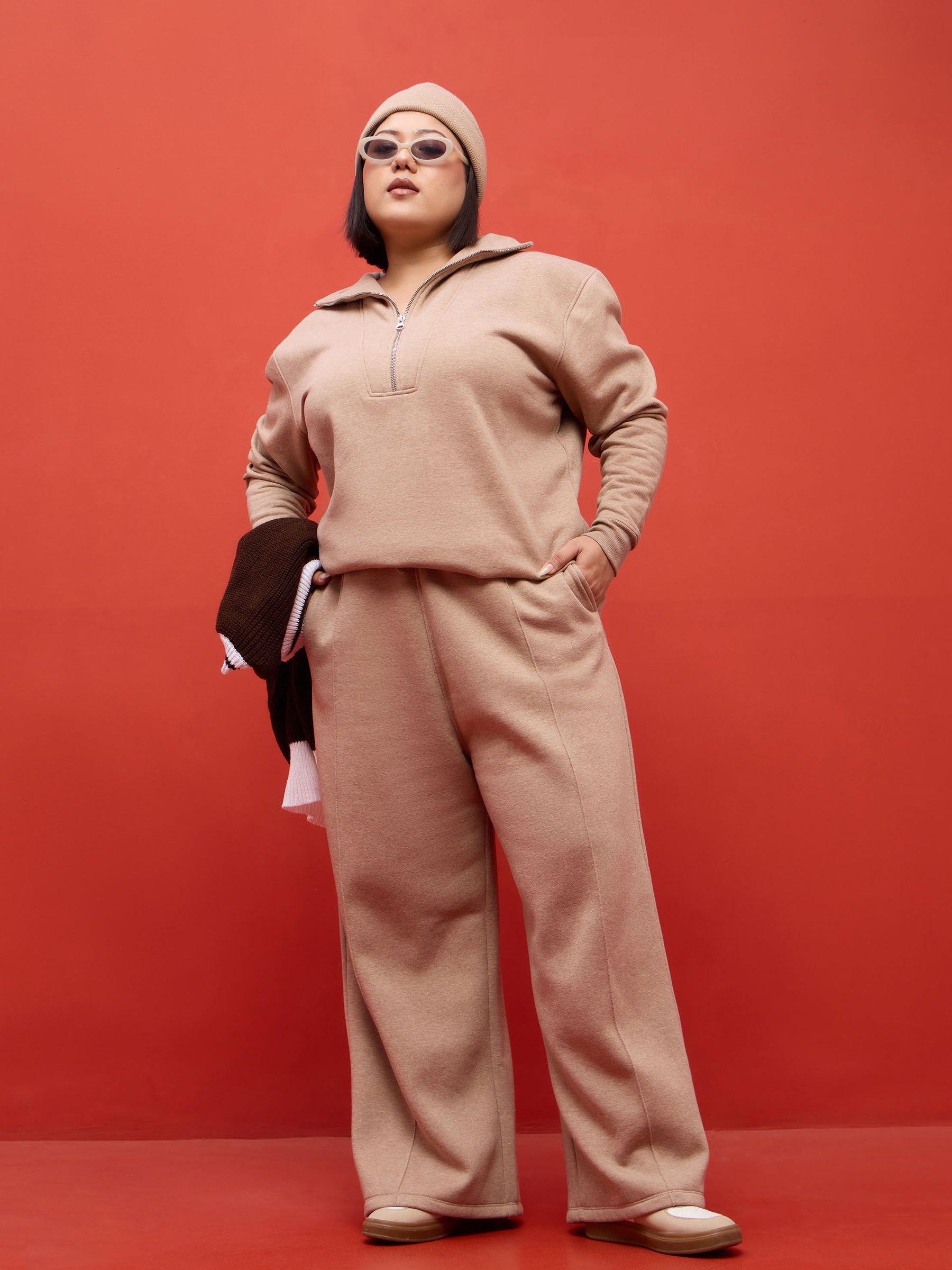 Beige Melange Fleece Half Zipper Sweatshirt-SASSAFRAS Curve