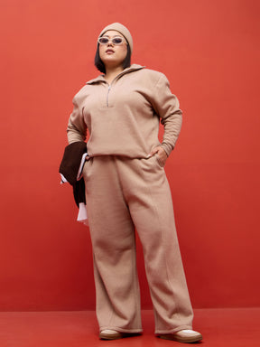 Beige Melange Fleece Half Zipper Sweatshirt-SASSAFRAS Curve