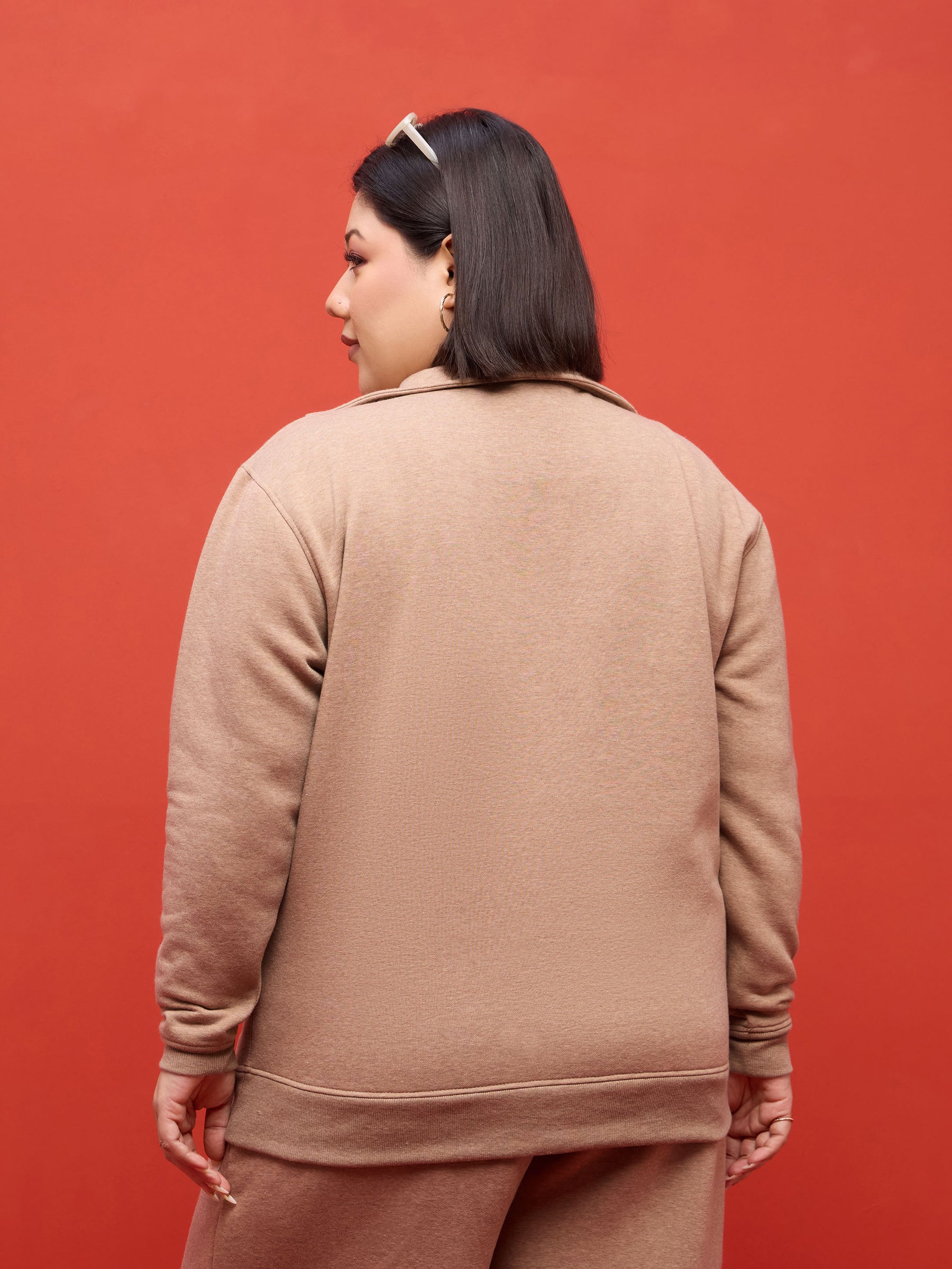 Beige Melange Fleece Half Zipper Sweatshirt-SASSAFRAS Curve