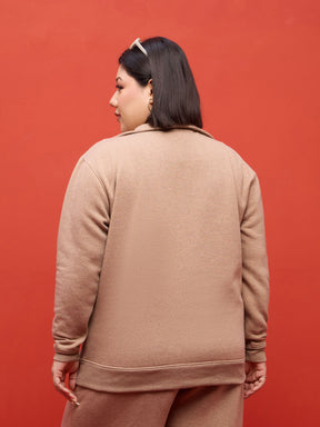 Beige Melange Fleece Half Zipper Sweatshirt-SASSAFRAS Curve