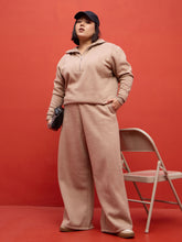 Beige Melange Fleece Sweatshirt With Track Pants-SASSAFRAS Curve