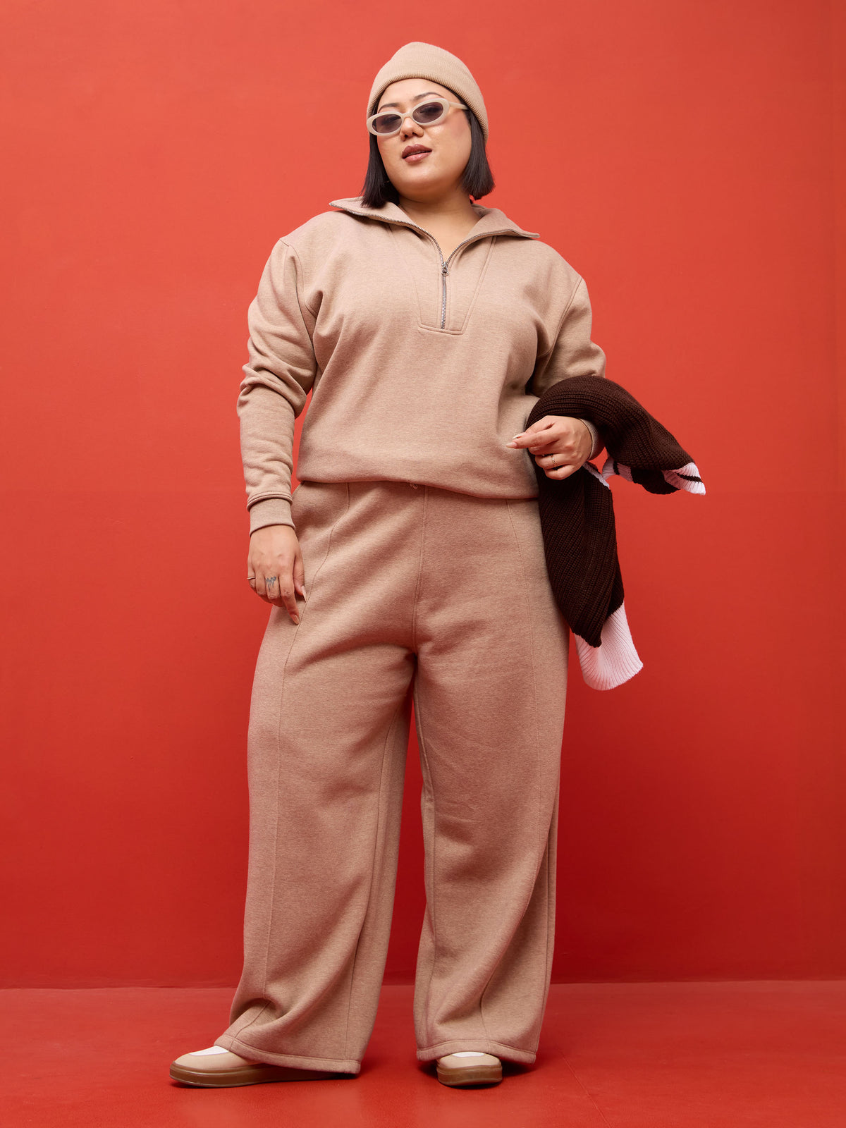 Beige Melange Fleece Sweatshirt With Track Pants-SASSAFRAS Curve
