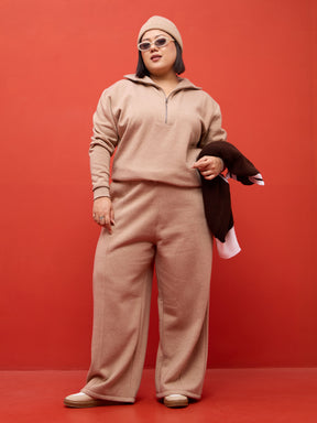 Beige Melange Fleece Sweatshirt With Track Pants-SASSAFRAS Curve