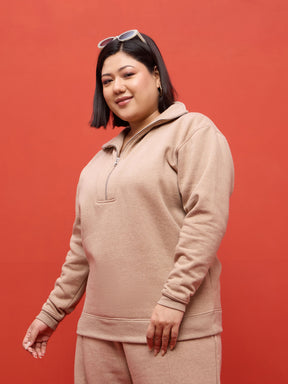 Beige Melange Fleece Sweatshirt With Track Pants-SASSAFRAS Curve