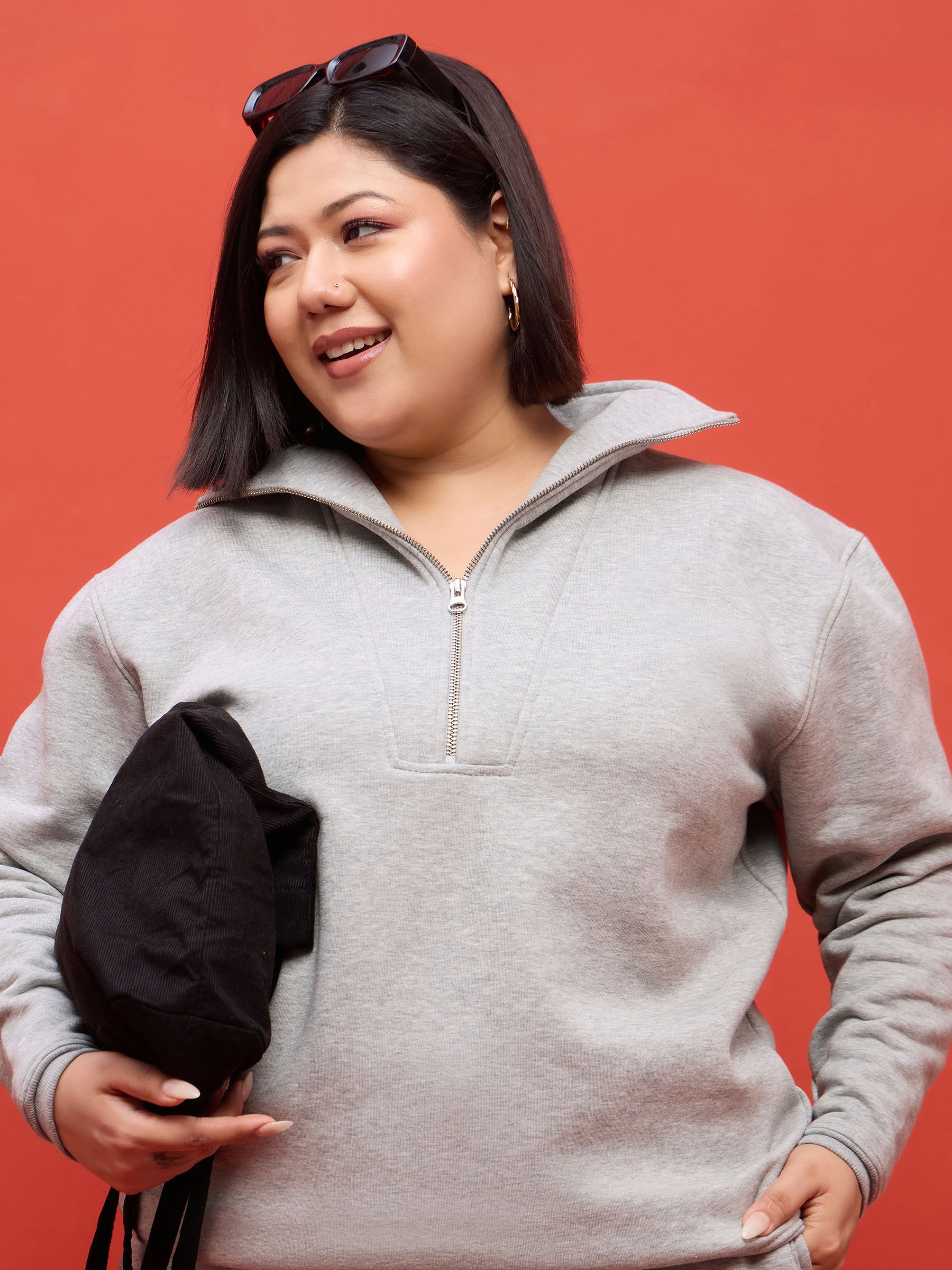 Grey Melange Fleece Half Zipper Sweatshirt-SASSAFRAS Curve