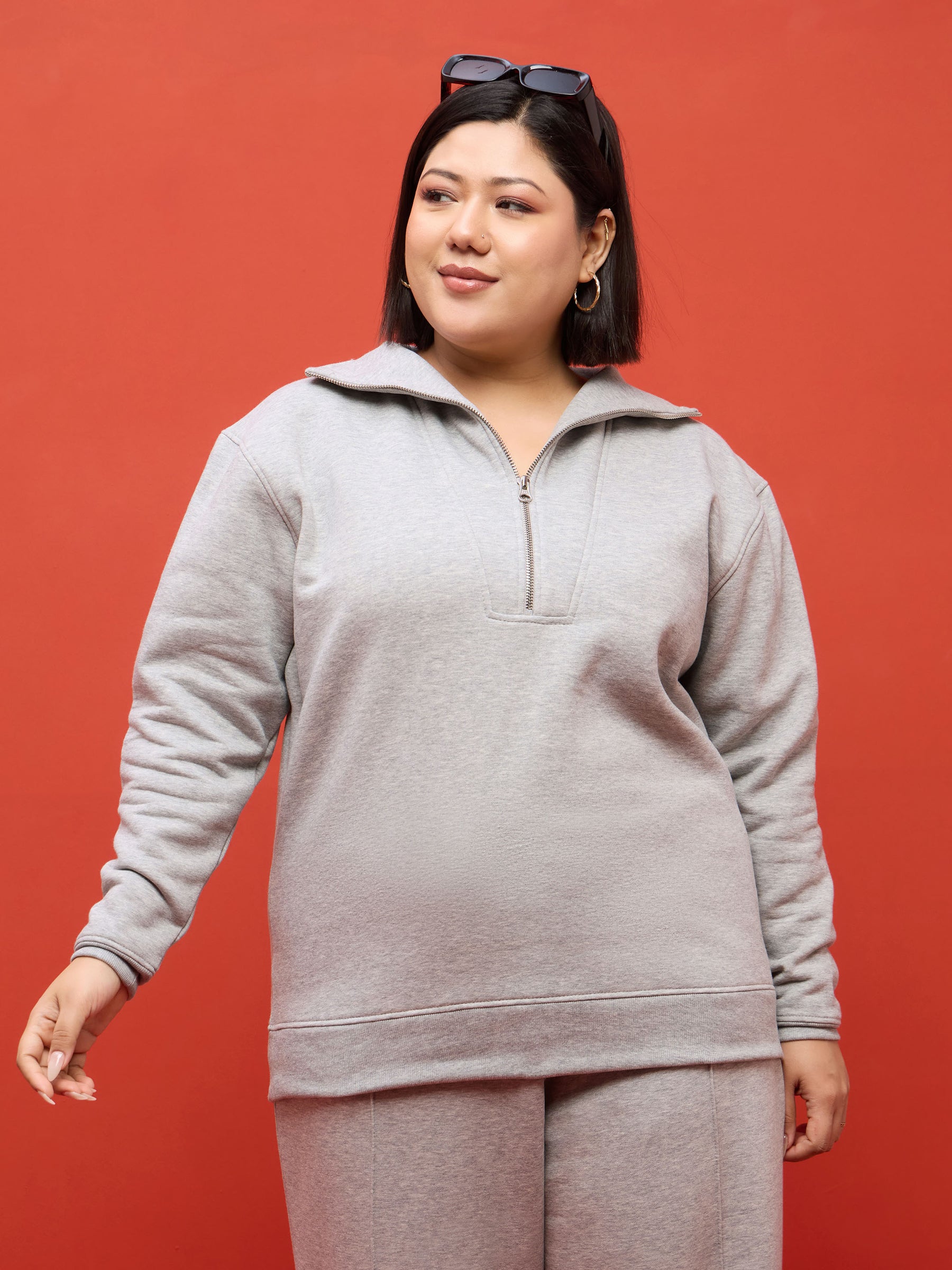 Grey Melange Fleece Half Zipper Sweatshirt-SASSAFRAS Curve