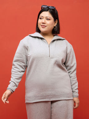 Grey Melange Fleece Half Zipper Sweatshirt-SASSAFRAS Curve