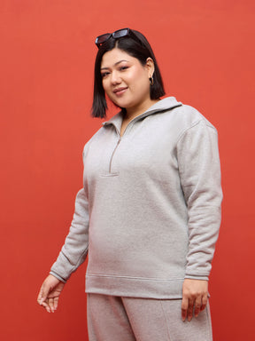Grey Melange Fleece Half Zipper Sweatshirt-SASSAFRAS Curve