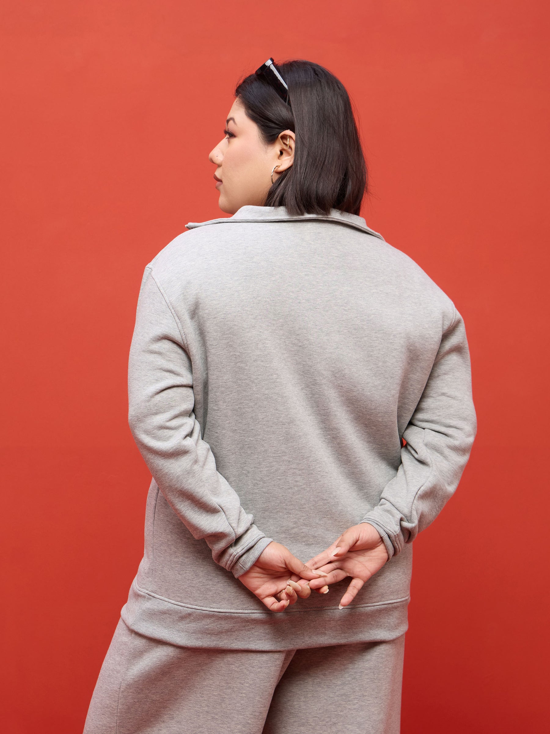 Grey Melange Fleece Half Zipper Sweatshirt-SASSAFRAS Curve