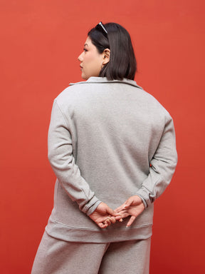 Grey Melange Fleece Half Zipper Sweatshirt-SASSAFRAS Curve